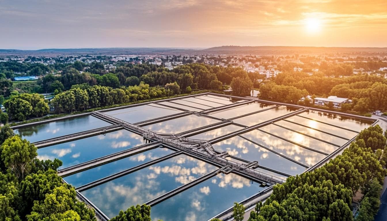 Aerial view of a wastewater treatment facility surrounded by trees