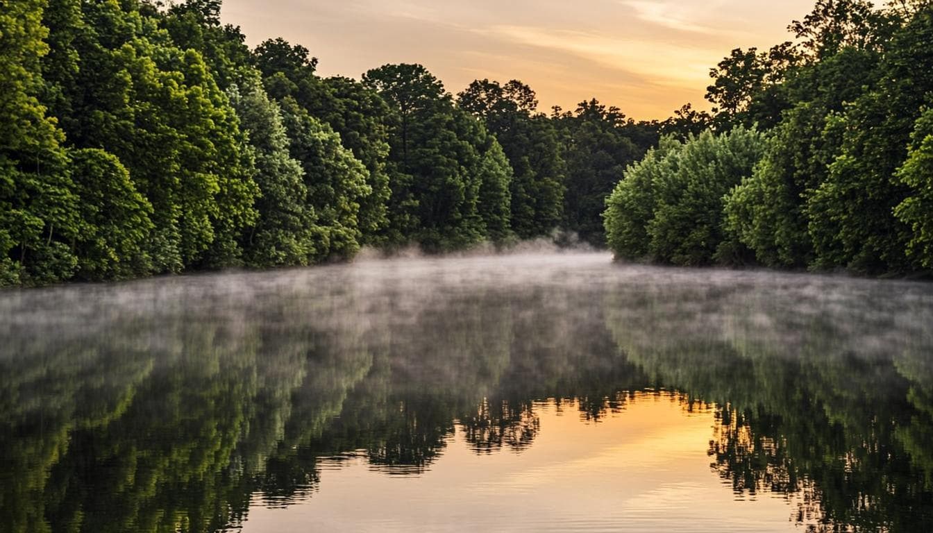Forest and sky reflected in a still lake