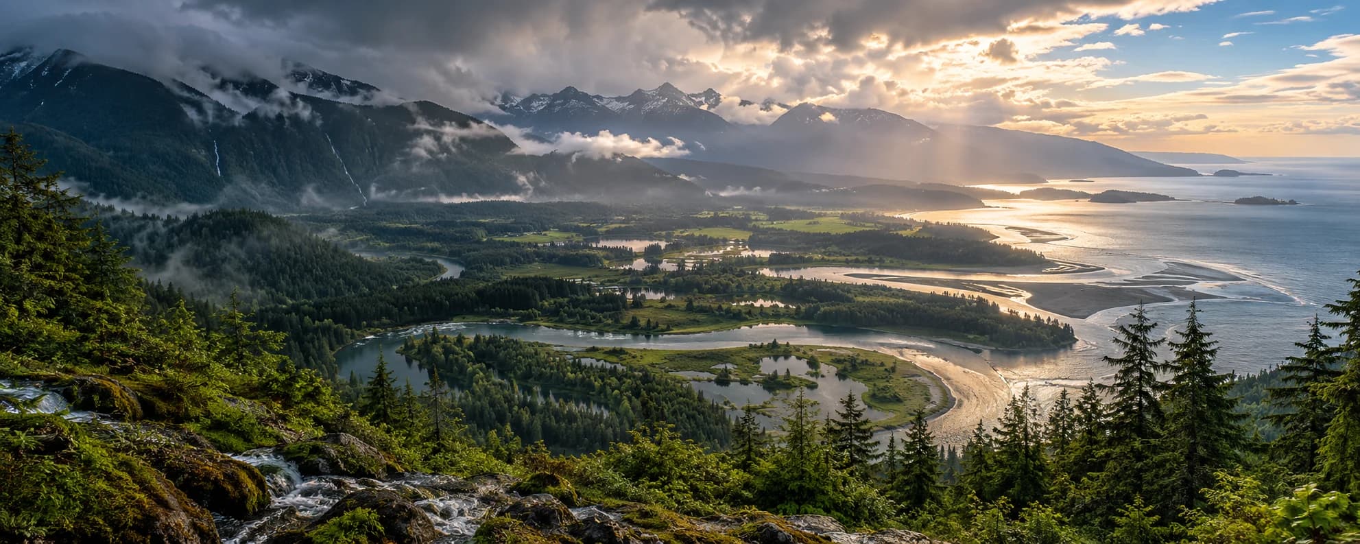 Rain clouds over mountains, forest, wetlands, an estuary and the ocean